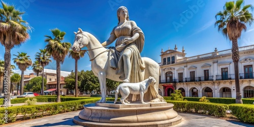 Elegant white statue of a mother and child on horseback accompanied by a loyal dog, situated in a picturesque Plaza de Armas in Villa O'Higgins. photo