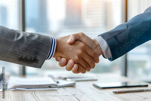 Investor and Real Estate Shaking Hands, background table, files