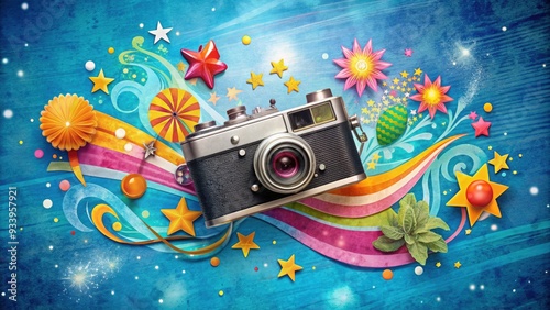 Vintage film camera surrounded by colorful clip-art elements, including stars, flowers, and swirls, against a bright blue background with subtle texture. photo