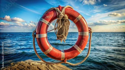 Vintage distressed red lifering floats against a serene ocean backdrop with ropes and anchors, evoking nostalgic feelings of adventure and naval heritage. photo