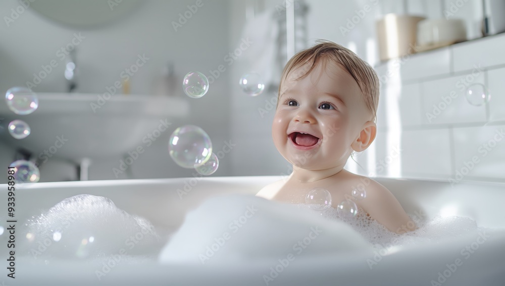Happy baby in bathtub smiling cheerful playful with soap bubble Happy baby in bathtub smiling cheerful playful with soap bubble