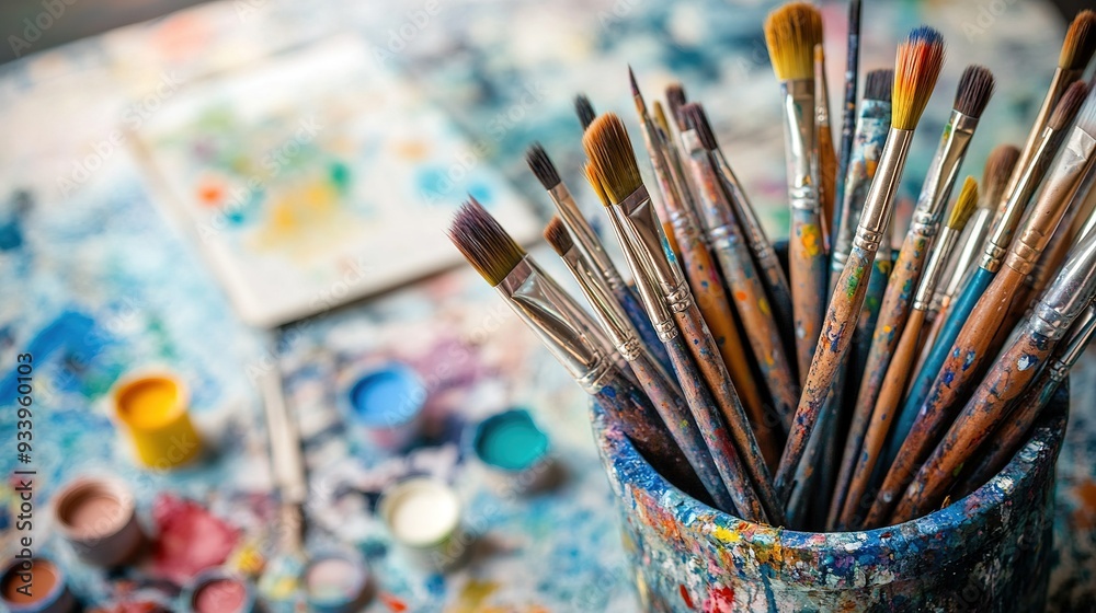 A vibrant collection of paintbrushes in a pot surrounded by vivid colors and splatters on a messy artist's workspace during the day A vibrant collection of paintbrushes in a pot surrounded by vivid colors and splatters on a messy artist's workspace during the day