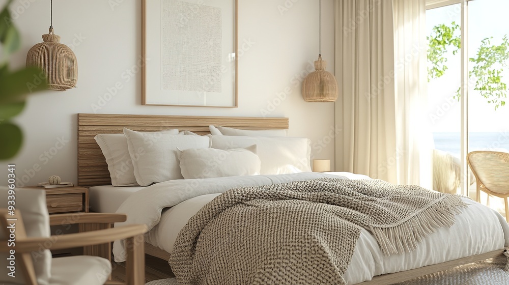 Home mockup, simple cozy Coastal bedroom interior background, 3d render