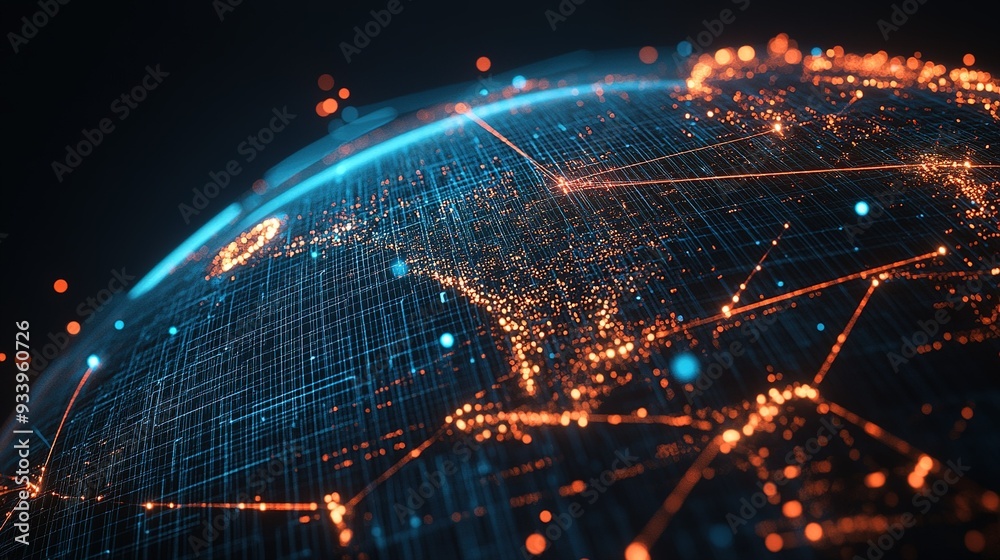A detailed view of a digitally rendered globe with bright connections illuminating global cities at night, showcasing technology and interconnectedness around the world A detailed view of a digitally rendered globe with bright connections illuminating global cities at night, showcasing technology and interconnectedness around the world