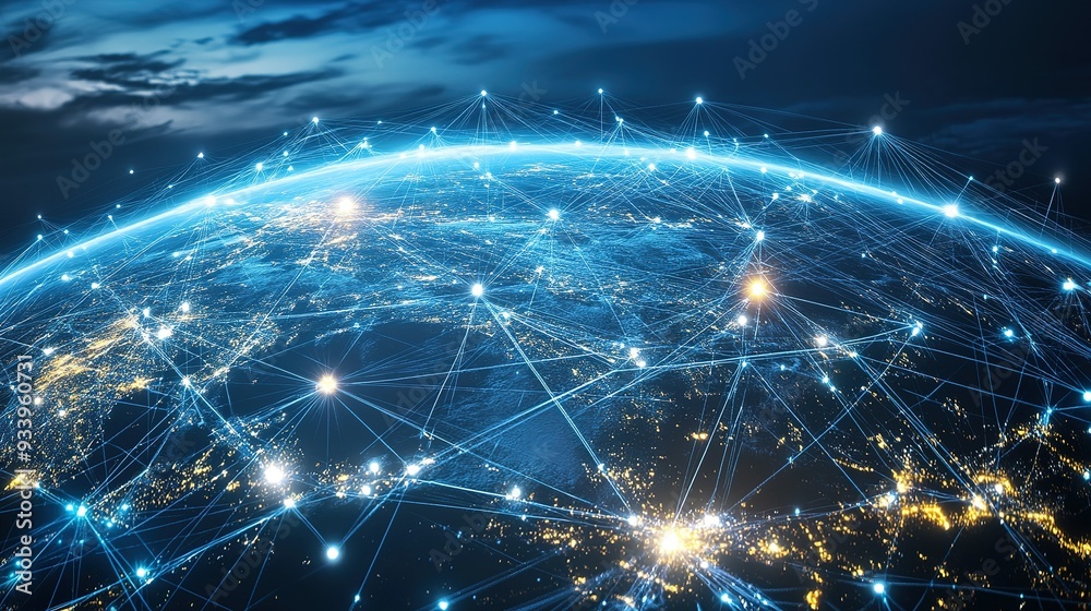Aerial view of Earth illuminated at night with glowing connections showcasing global network connections between cities and countries Aerial view of Earth illuminated at night with glowing connections showcasing global network connections between cities and countries