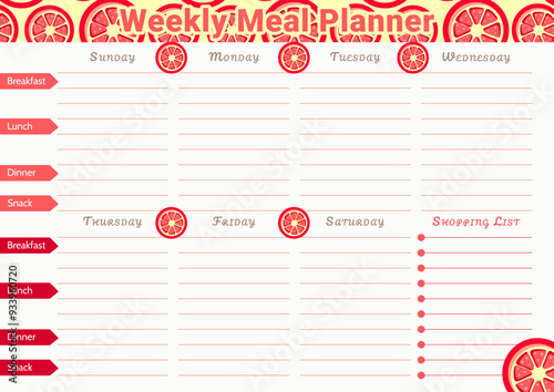 Weekly meal planner template with a grapefruit pattern and space for menu and shopping list