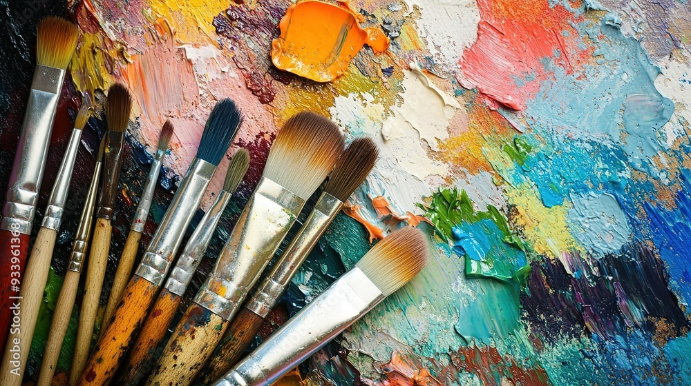 Fototapeta premium A vibrant array of paintbrushes lies among colorful paint strokes on a palette, showcasing the artistry involved in creative painting during daytime