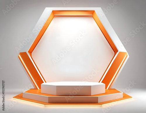 Podium product stage platform background pedestal hexagon 3D display white. Product stand podium stage award orange light luxury studio VIP round show cinema ceremony spotlight abstract event template