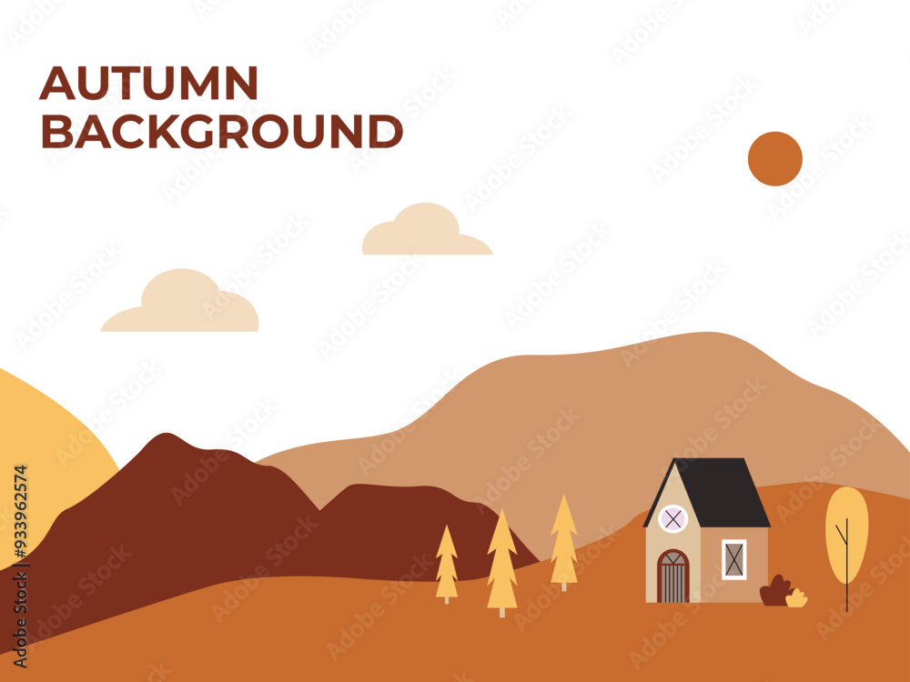 Fototapeta premium Autumn abstract landscape background. Panorama with mountains, fall trees and house. Golden season backdrop concept.