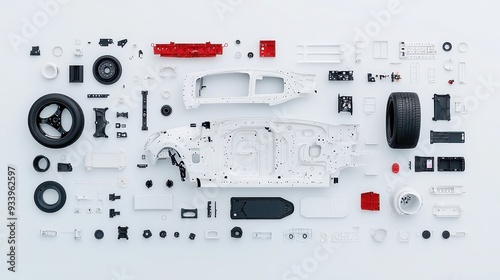 Disassembled vehicle in an open area, showcasing scattered parts and an industrial backdrop, highlighting the intricacies of automotive deconstruction and urban decay. photo