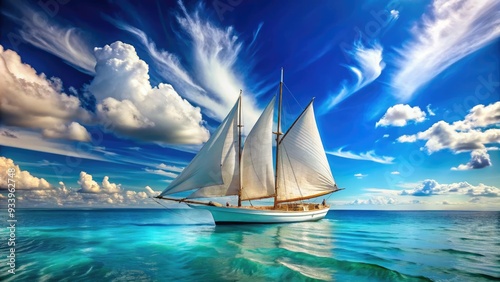 Vintage wooden sailboat glides through calm turquoise waters, majestic white sails billowing in the wind, against a bright blue sky with a few wispy clouds. photo