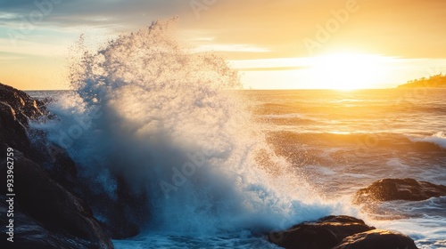 Fiery Dawn and Majestic Wave Smashing into Seaside Rocks