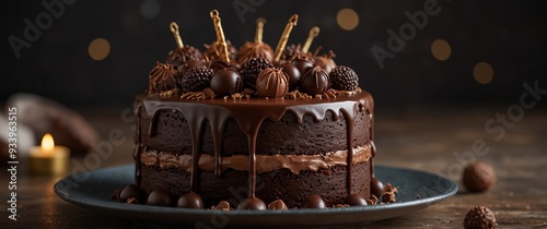 A delicious chocolate cake with a variety of chocolate decorations. photo