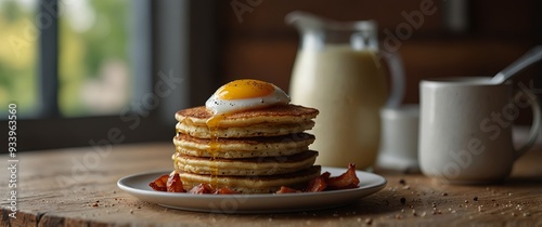 A stack of buckwheat flour pancakes served with a side of crispy bacon and eggs sunny side up. photo