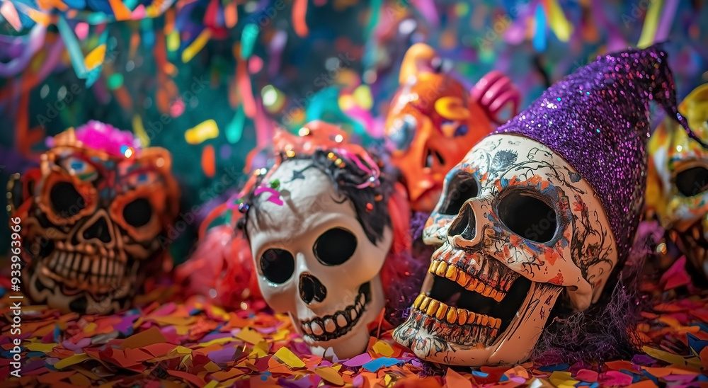 Fototapeta premium Colorful Day of the Dead celebration with calaveras with two skulls and confetti.