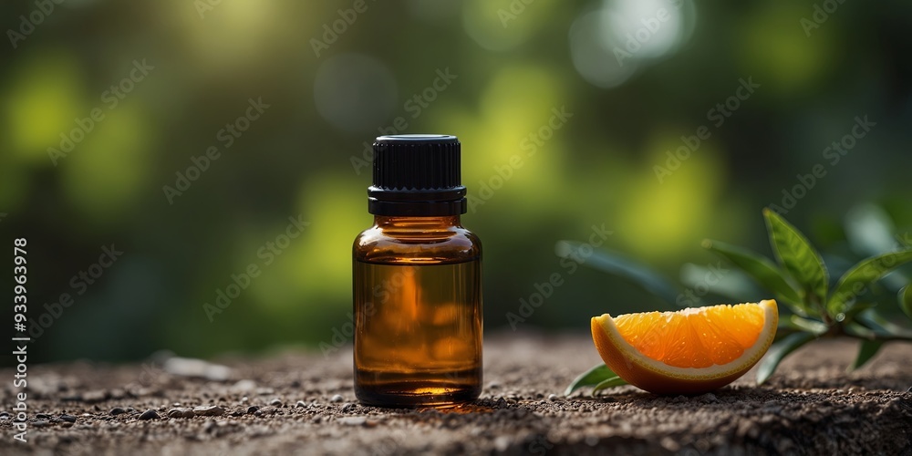 Small bottle with orange essential oil focused on nature. Small bottle with orange essential oil focused on nature.