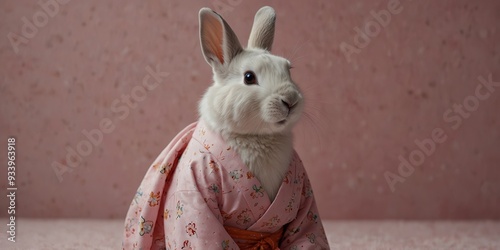 White rabbit wearing a kimono on pink background. photo