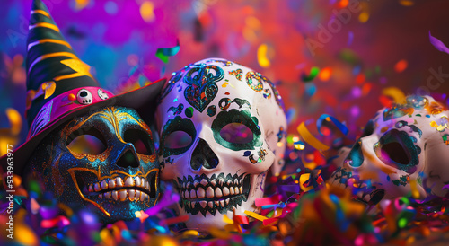 Halloween skulls with witch hats, confetti and colorful decorations.