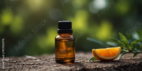 Small bottle with orange essential oil focused on nature. photo