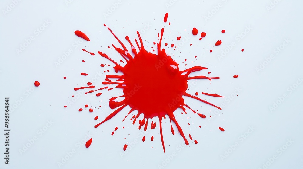 Obraz premium Crimson Horror Splash, an eerie abstract illustration featuring a vivid red paint splash resembling a bloodstain, evoking feelings of dread and isolation on a stark background.