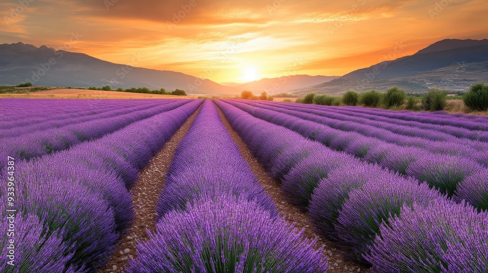 Panoramic Lavender Landscape with Sunset Glow Panoramic Lavender Landscape with Sunset Glow