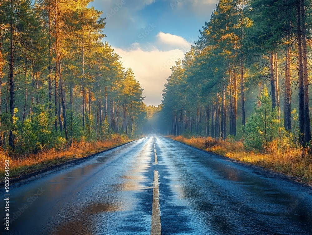 Obraz premium A Wet Road Through Autumnal Forest A solitary road stretches into the distance lined by vibrant trees reflecting in the glistening water