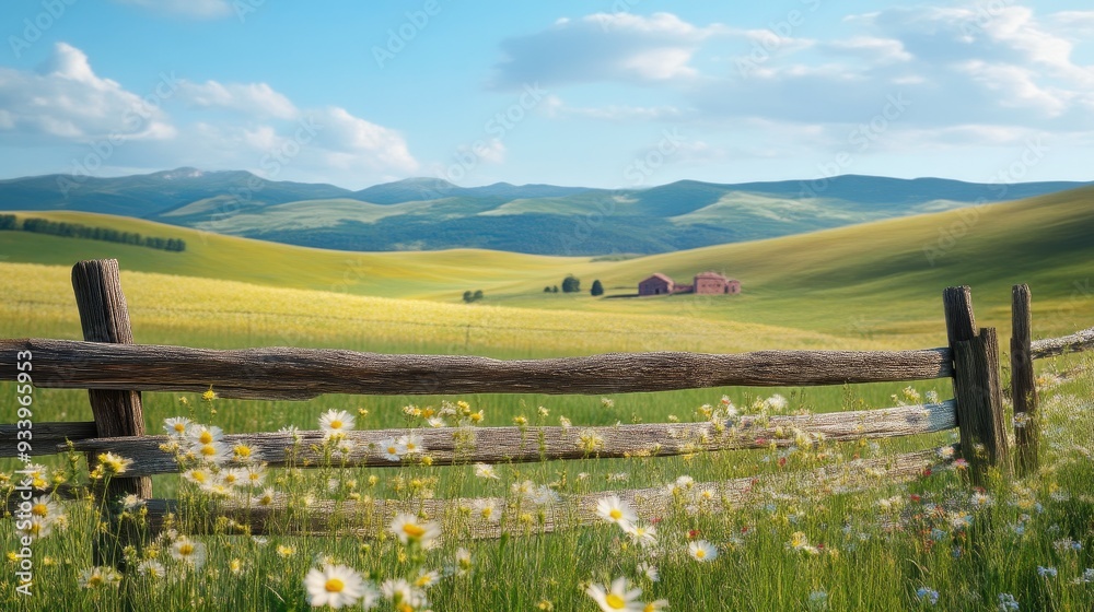 Obraz premium Rolling Hills and Rustic Fence Scene