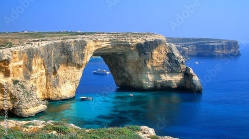 Azure Waters Framed by Golden Cliffs A Mediterranean Archway Boats and Tranquil Blue 177 characters