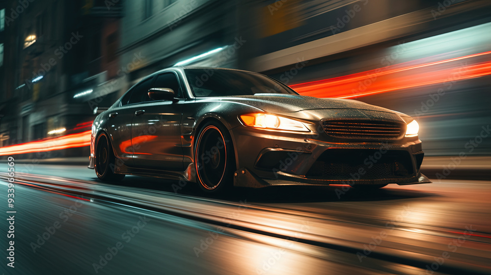 Street racing scene with sport car in neon lights. Speed lines and light trails of night urban drive. Street racing scene with sport car in neon lights. Speed lines and light trails of night urban drive.