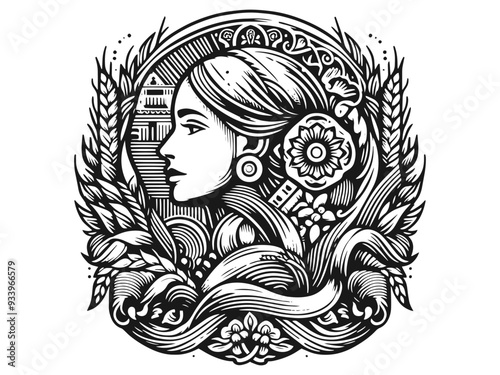 Intricate black and white illustration of a woman with floral and wheat details. Generative ai.