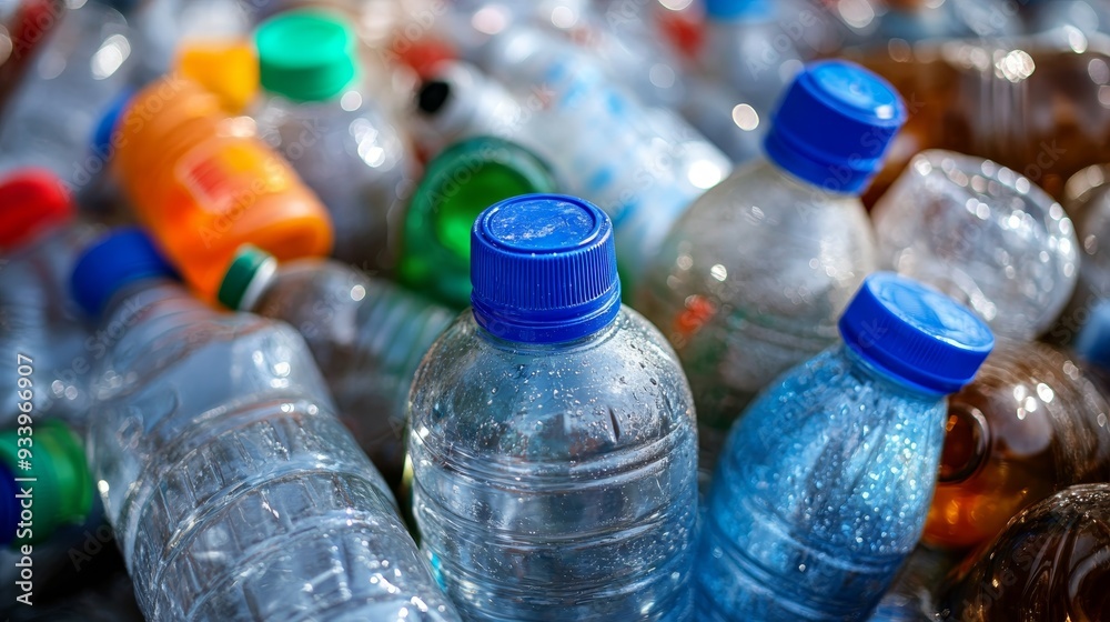 Closeup of a blue capped plastic bottle surrounded by a colorful blur of others emphasizing the texture and composition of the plastic Closeup of a blue capped plastic bottle surrounded by a colorful blur of others emphasizing the texture and composition of the plastic