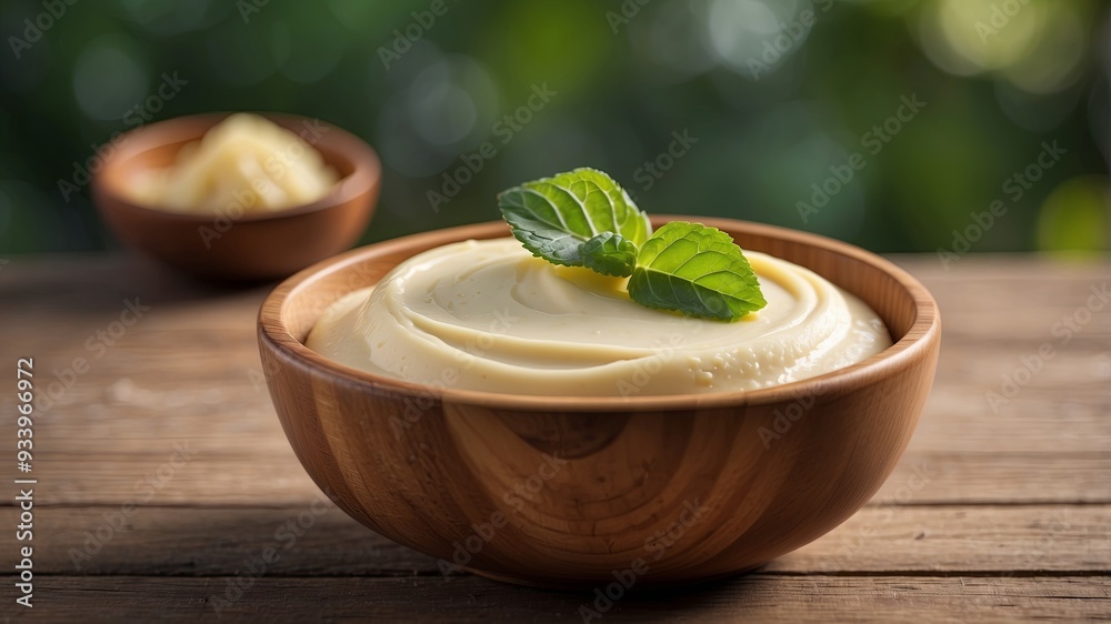Wooden bowl of creamy pudding on rustic wooden surface, with leafy green background. Wooden bowl of creamy pudding on rustic wooden surface, with leafy green background.