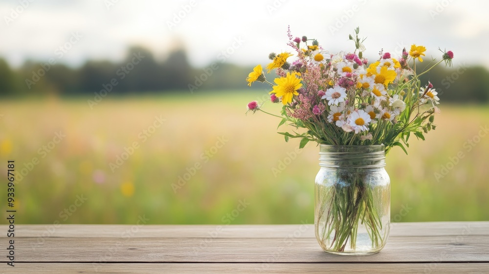 Delicate Wildflower Arrangement in Jar Against Blurred Field Backdrop Delicate Wildflower Arrangement in Jar Against Blurred Field Backdrop