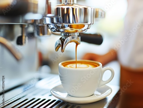 Closeup of a steaming cup of cappuccino being filled by an espresso machine showcasing the rich crema and the gleaming chrome of the machine