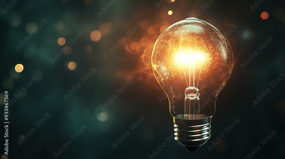 A glowing light bulb emits warm illumination against a dark, textured background, showcasing creativity and inspiration in a modern design