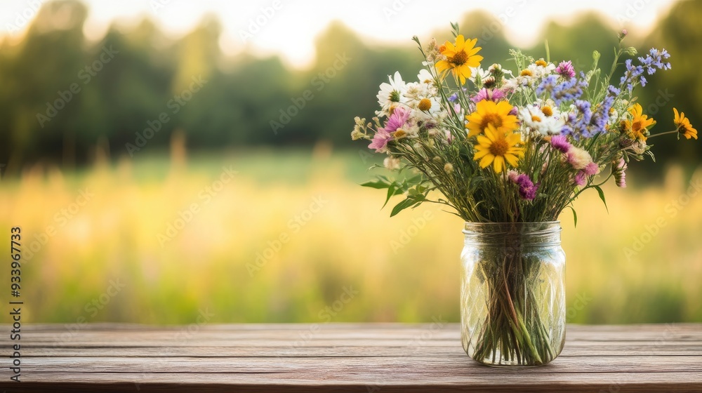 Fresh Wildflower Bouquet in Glass Container on Old Wooden Table Fresh Wildflower Bouquet in Glass Container on Old Wooden Table