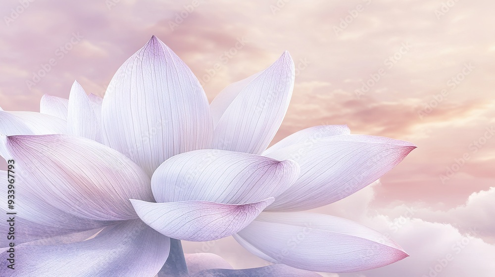 A delicate white lotus flower blooms against a soft pastel sky during dawn, showcasing its petals that reflect hues of pink and purple, symbolizing purity and tranquility A delicate white lotus flower blooms against a soft pastel sky during dawn, showcasing its petals that reflect hues of pink and purple, symbolizing purity and tranquility