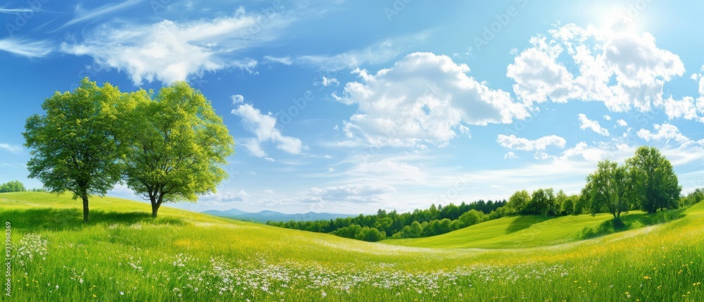 Fototapeta premium A vibrant meadow with blooming flowers, lush green trees, under a bright blue sky with clouds.