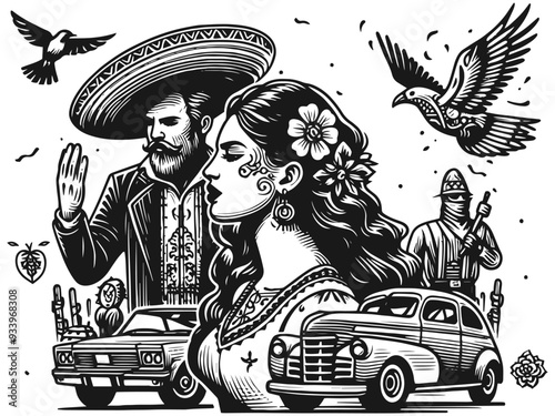 Mexican themed illustration with traditional elements in black and white. Vector, generative ai.