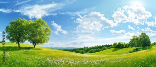 Fototapeta Naklejka Na Ścianę i Meble -  A vibrant meadow with blooming flowers, lush green trees, under a bright blue sky with clouds.