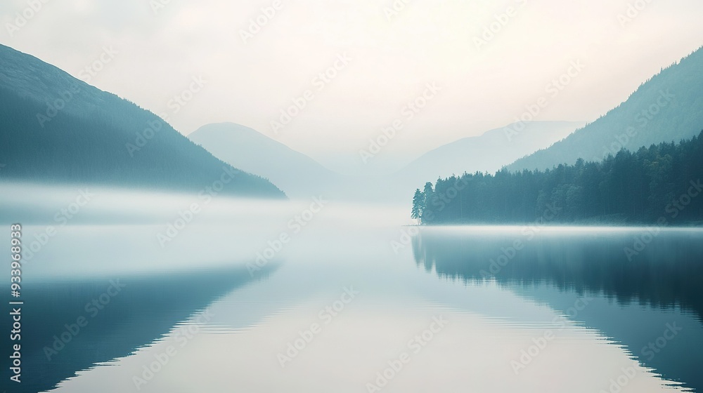 Tranquil morning over a serene lake surrounded by misty mountains and dense forest in a peaceful natural setting Tranquil morning over a serene lake surrounded by misty mountains and dense forest in a peaceful natural setting
