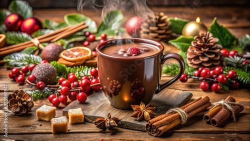 Warmly lit festive tabletop scene featuring steaming mug of rich brown hot chocolate surrounded by sweet treats and decorated with holly and red berries.