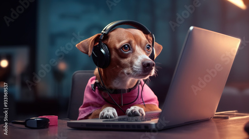 Dog works with the laptop. Remote work or freelance concept with funny puppy. photo