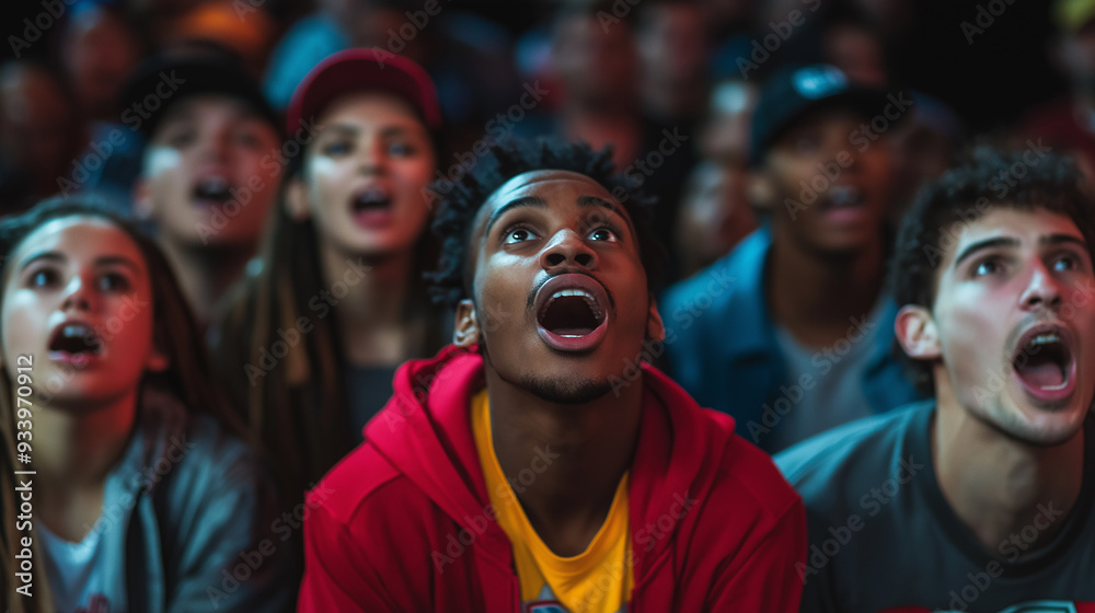 A group of diverse fans watching an intense event with anticipation and amazement on their faces. The image captures the unity and excitement of the crowd. A group of diverse fans watching an intense event with anticipation and amazement on their faces. The image captures the unity and excitement of the crowd.