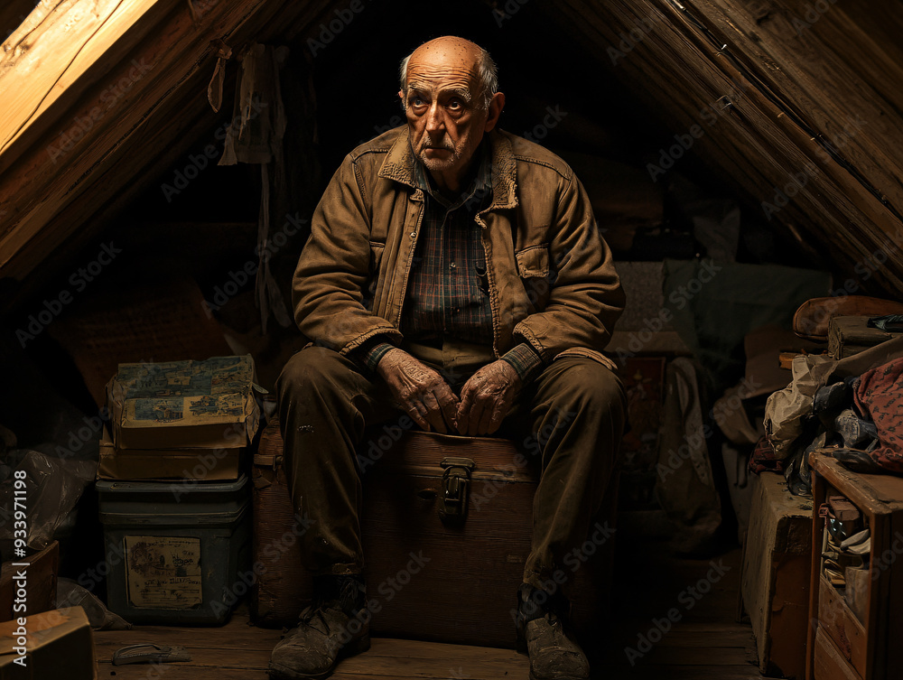A dimly lit attic filled with forgotten treasures and childhood memorabilia, where an elderly man sits on a dusty trunk, lost in memories. His expression is a mix of nostalgia and sadness, suggesting A dimly lit attic filled with forgotten treasures and childhood memorabilia, where an elderly man sits on a dusty trunk, lost in memories. His expression is a mix of nostalgia and sadness, suggesting