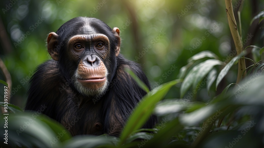 Curious chimpanzee observing in lush tropical jungle habitat. Curious chimpanzee observing in lush tropical jungle habitat.