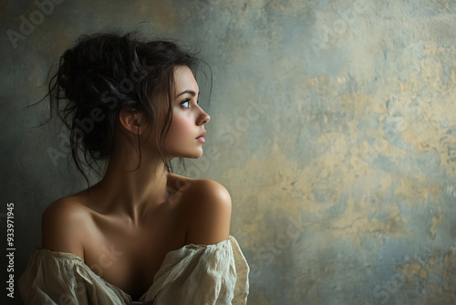 A woman with a contemplative expression, her gaze directed towards the distance. She wears a flowing dress and her posture suggests a sense of longing or reflection. The plain background highlights