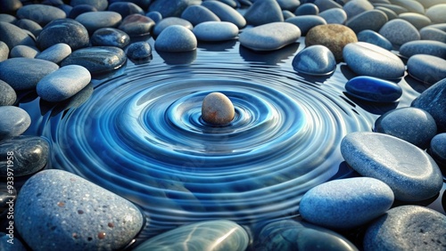 Wave ripple icon formed by serene blue water flowing over smooth gray stones, symbolizing fluid movement and tranquility in a natural environment. photo