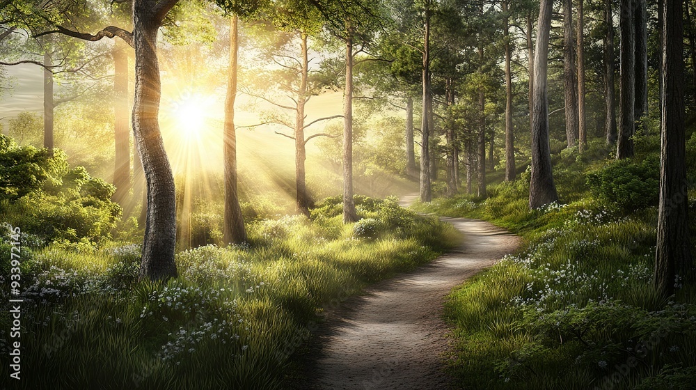 Sunlight streaming through trees along a winding path in a serene forest during early morning hours, creating a peaceful and inviting atmosphere Sunlight streaming through trees along a winding path in a serene forest during early morning hours, creating a peaceful and inviting atmosphere