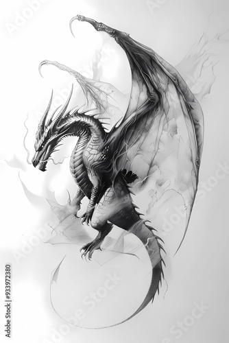 A black-and-white pencil sketch depicts a dragon with wings, surrounded by smoke as it soars through the air, set against a simple background in a fantasy art style on white paper
